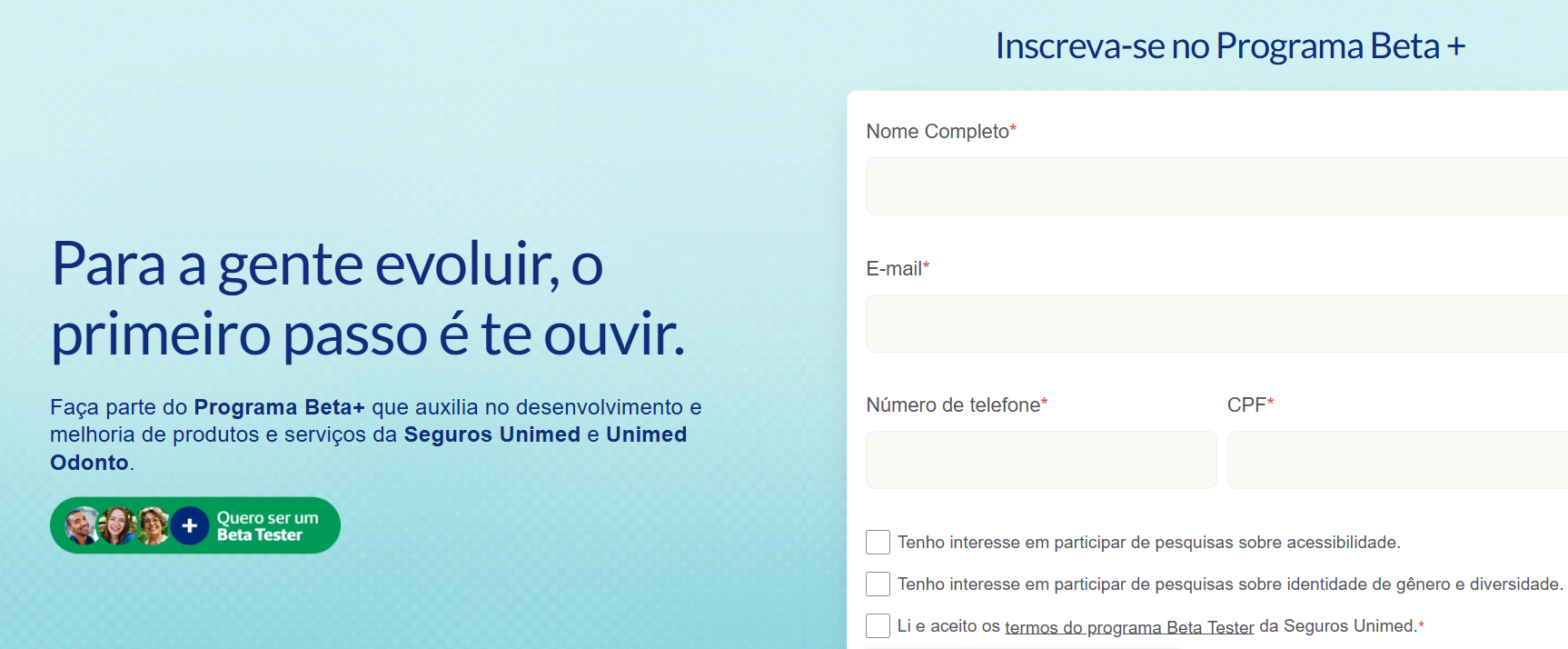 Landing page de inscrição, com os filtros de segmentação coletados na entrada.