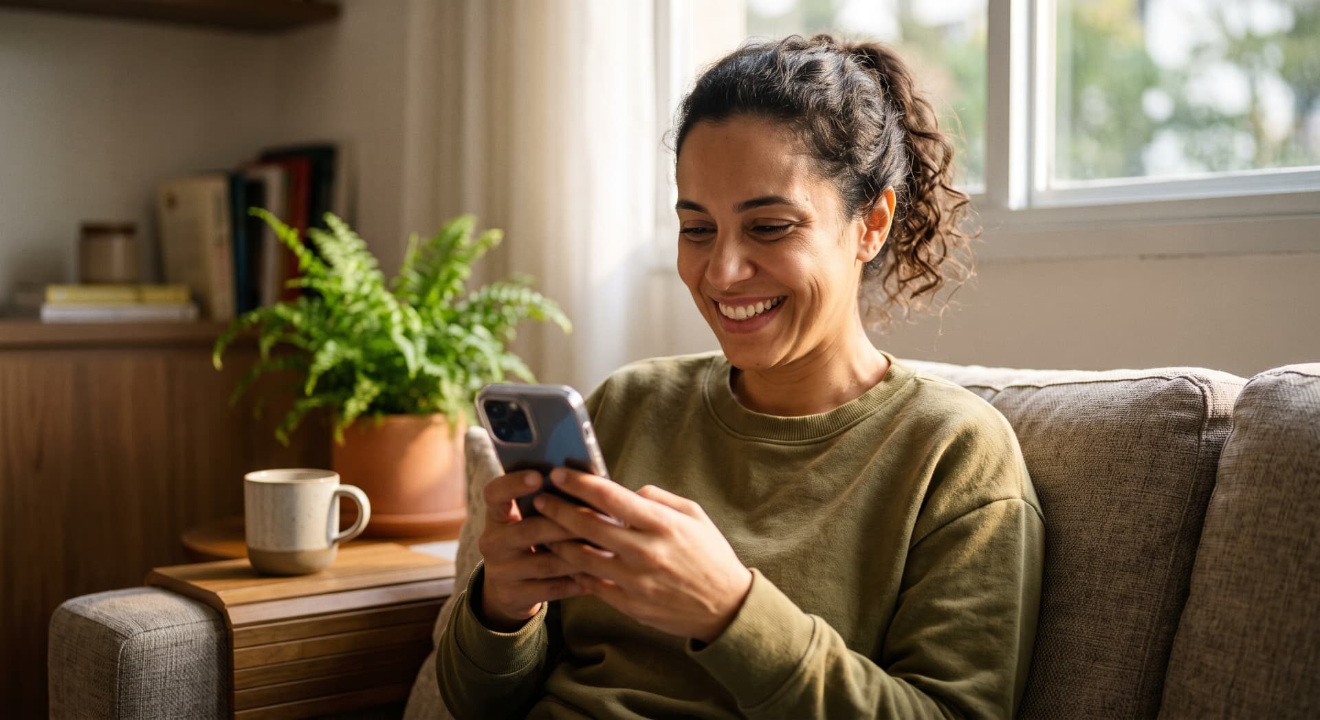 Mulher sorrindo sentada no sofá de casa, usando um aplicativo no celular
