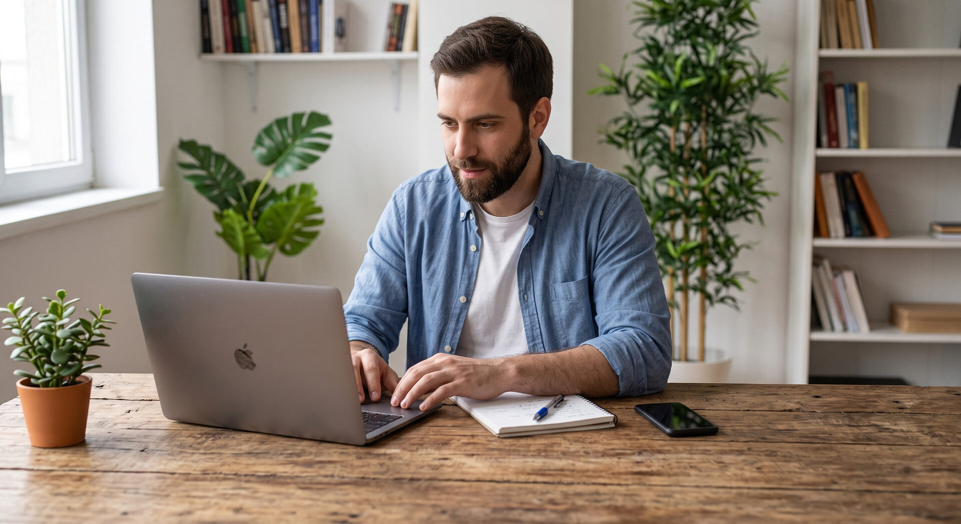 Homem concentrado em frente ao notebook, em uma mesa de madeira com caderno e celular