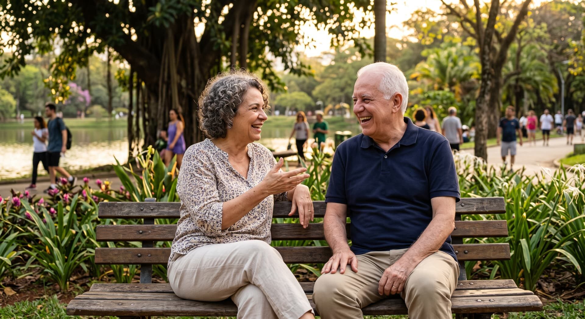 Casal de pessoas idosas conversando e sorrindo em um banco de parque